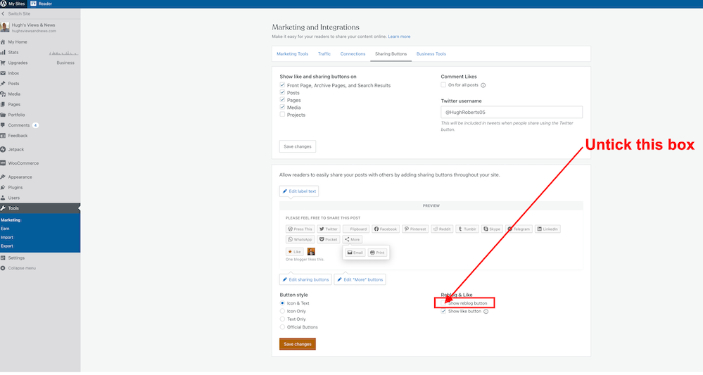 Image showing how to disable the reblog button on WordPress