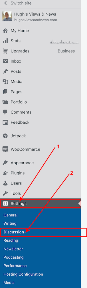 Image highlighting the Settings and Discussion options on the dashboard of a WordPress blog.
