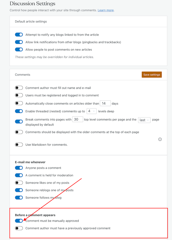 Image highlighting the 'Comment must be manually approved' button on the Discussion Settings page of a WordPress blog.