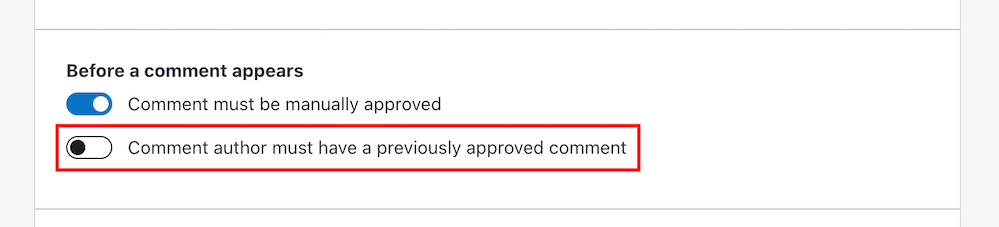 Image highlighting the 'Comment author must have previously approved comment' button on a WordPress blog.