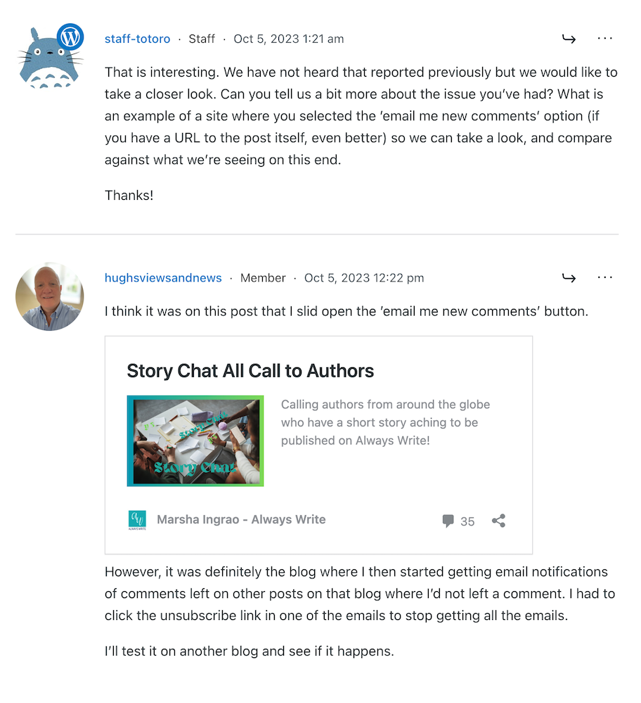 Images showing a discussion on WordPress forum about emails and commenting.