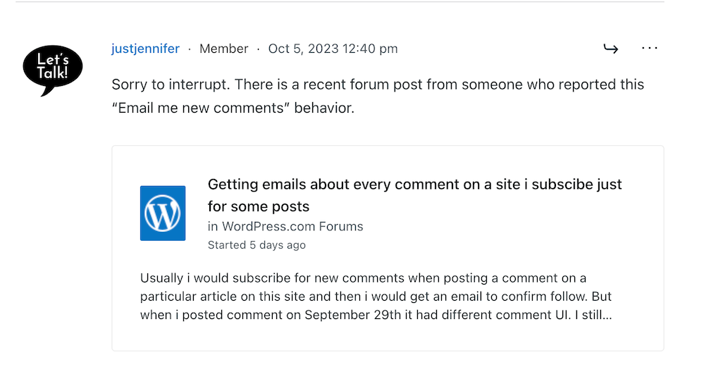 Image showing another blogger who has reported email notification problems on WordPress