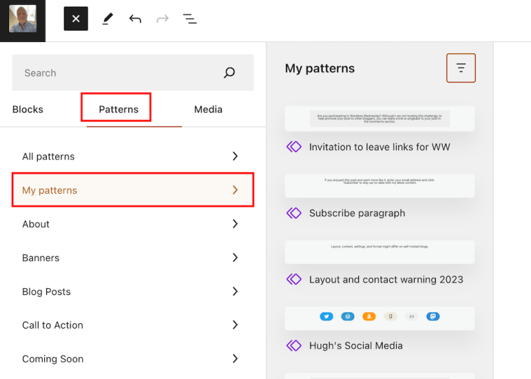 Image highlighting where to manage reusable blocks on WordPress