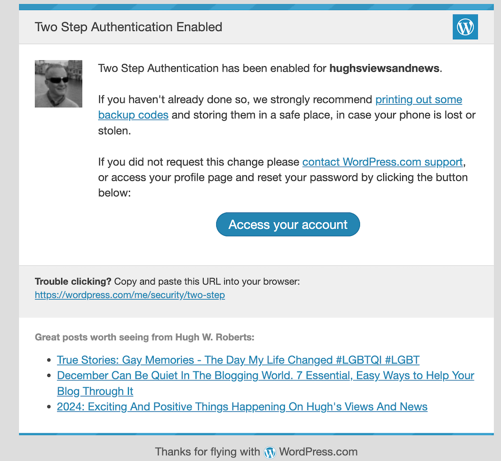 Image showing an email confirmation from WordPress confirming that two-step authentication has been set up.