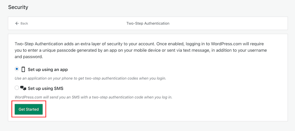 Image highlighting the 'Get Started' button when setting up Two-Step Authentication on WordPress.