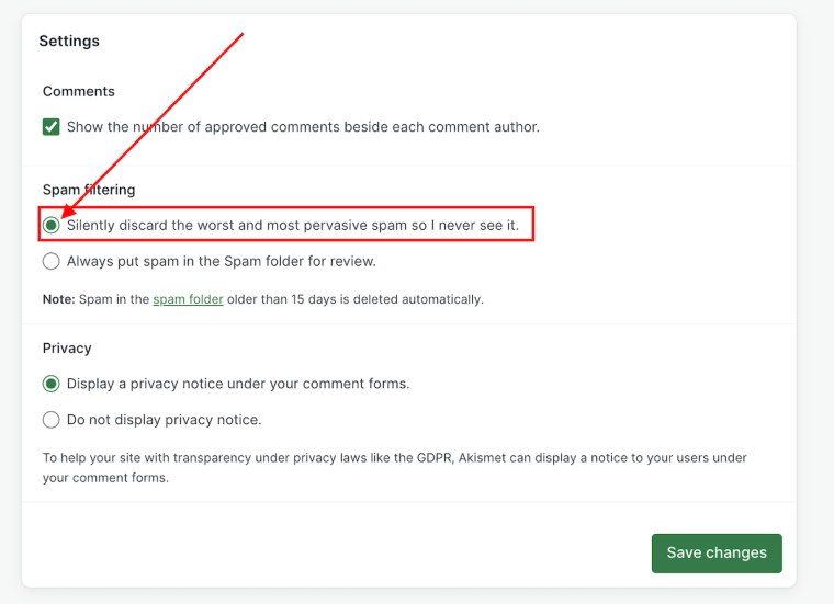 Image highlighting the 'Silently discard the worst and most pervasive spam so I never see it' setting on WordPress.