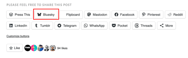 Image highlighting the BlueSky sharing button on a blog post on WordPress. 
