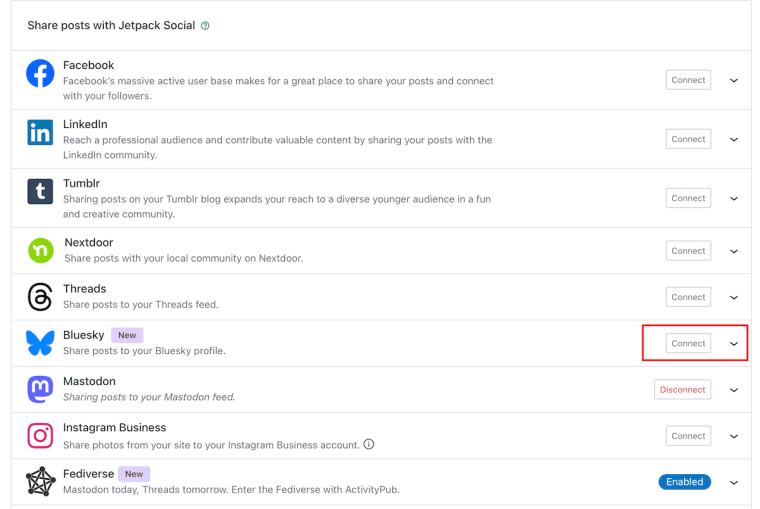Image highlighting the BlueSky connect button in the connections area of a WordPress blog.
