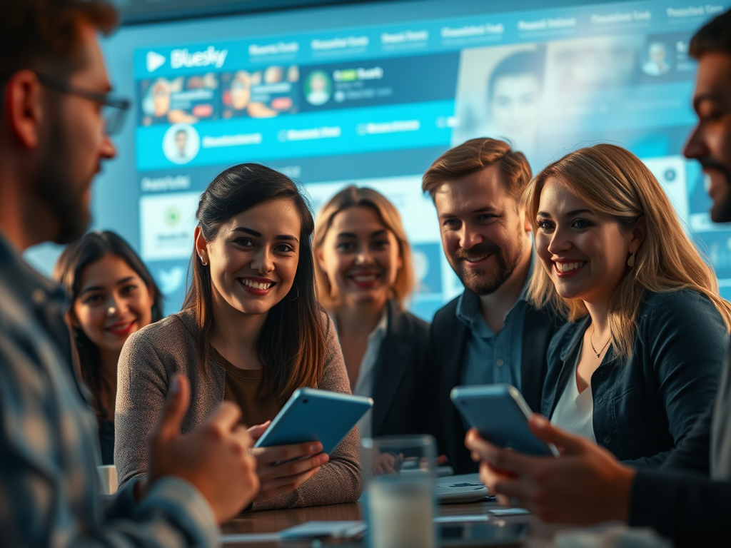 An image depicts a group of people, some holding mobile phones, engaging with a lecturer about Bluesky.