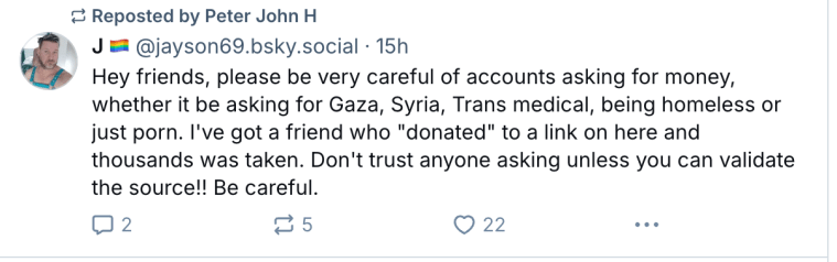 An image of a warning from a BlueSky user about not donating money to certain accounts on BlueSky.