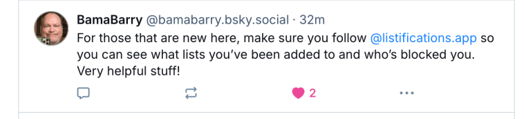 An image of a post showing an account to follow on BlueSky to find out who has blocked you or added you to lists or starter packs.