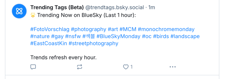 An image showing popular hashtags on Bluesky.