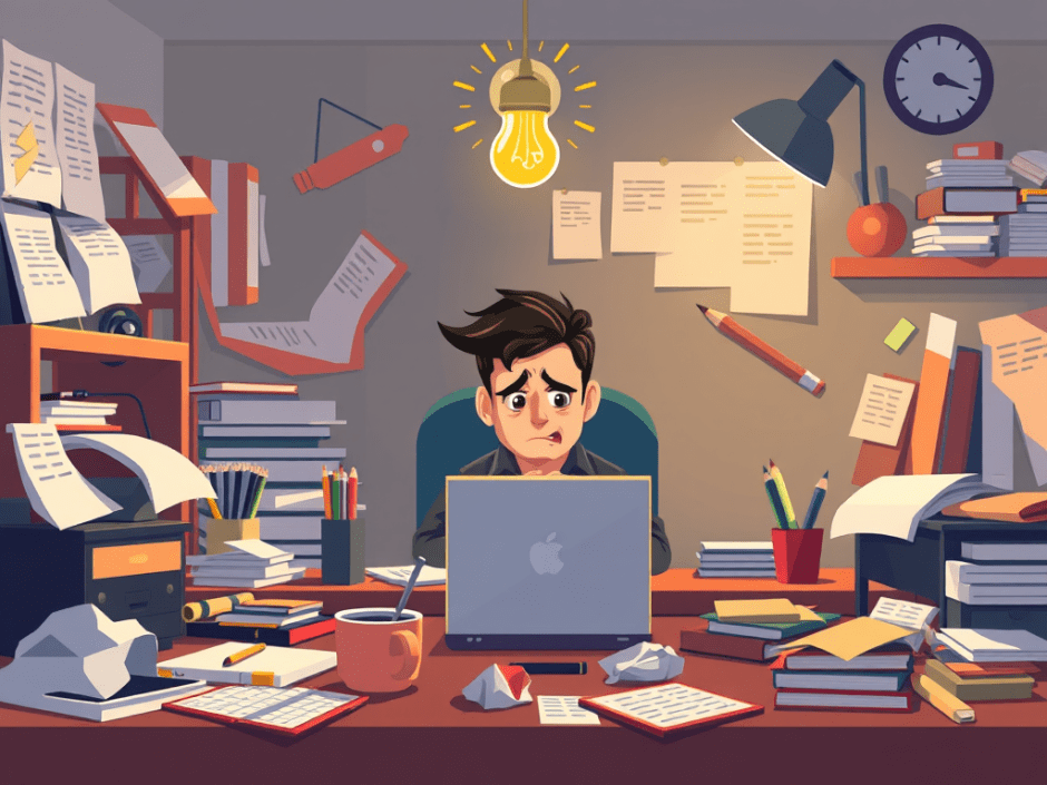 An image of a blogger at their laptop appears stressed due to the numerous mistakes they have made with blogging. Their desk and study are both very untidy.