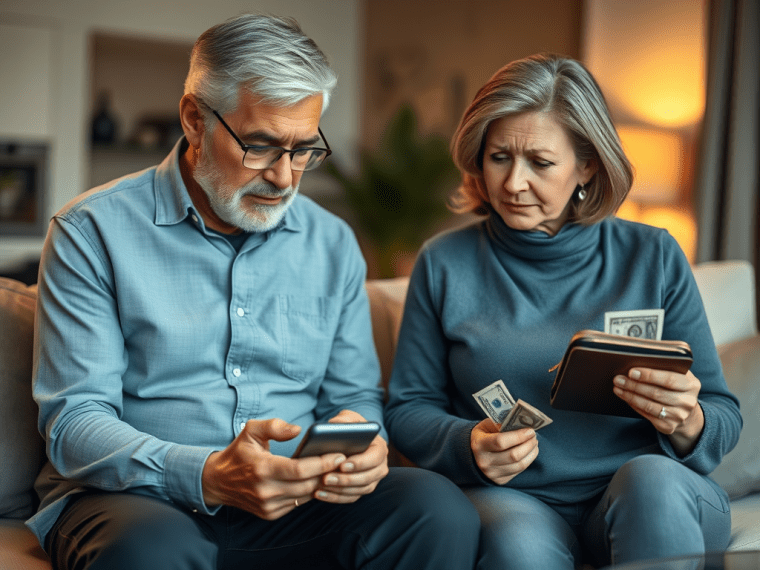 An image of a middle-aged man texting on his phone. Sitting beside him is a woman of the same age, taking cash out of her purse. 