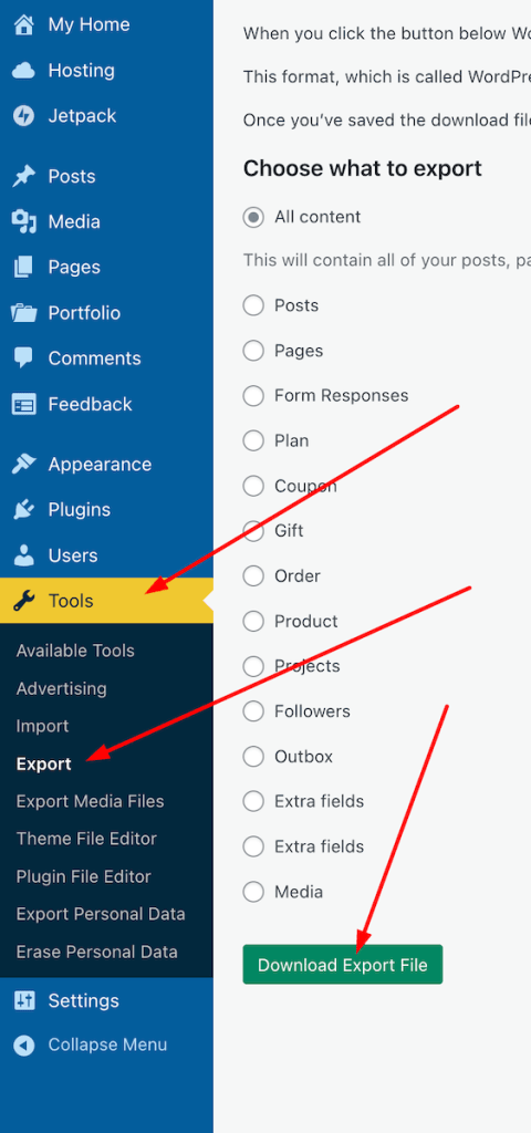 An image showing Tools - Export' on the dashboard of a WordPress blog.