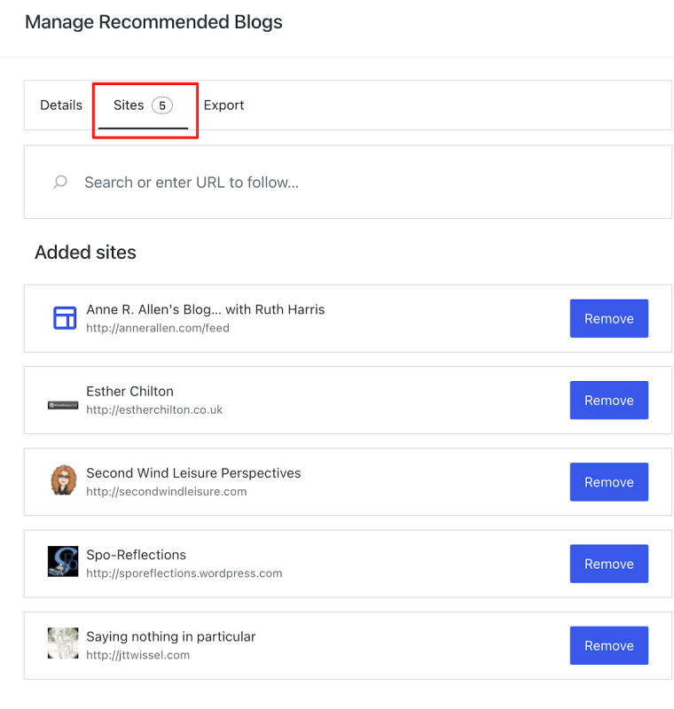 An image displaying the Sites tab on the Recommended Blogs page of the WordPress Reader.