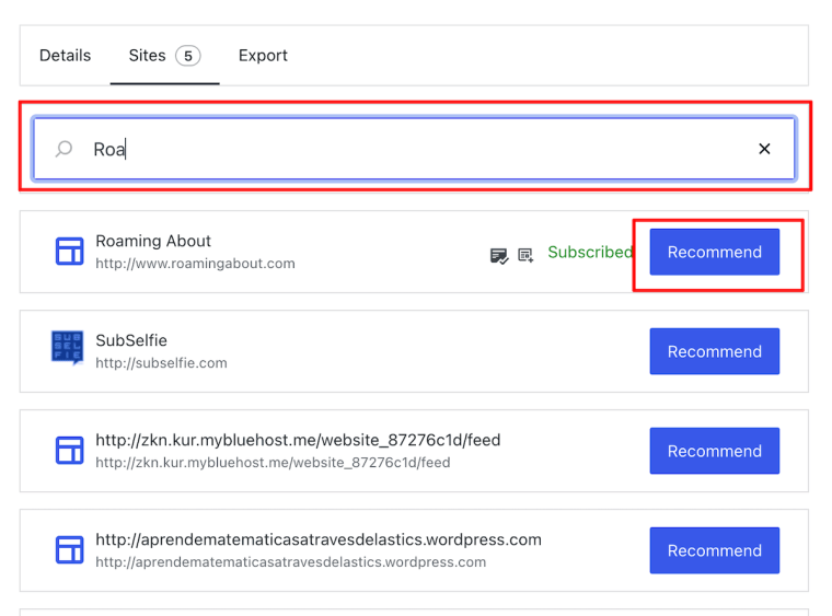 An image displaying a list of blogs that appear as you type in the search box.