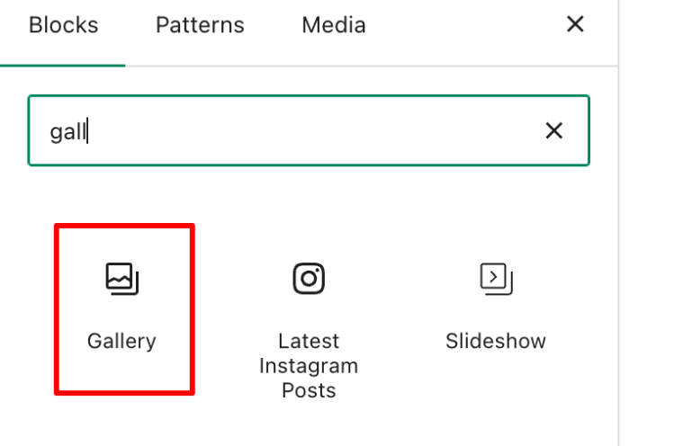 An image displaying the 'Gallery' block under the 'Block' tab on WordPress