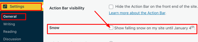 An image highlighting how to turn on/off the falling snow feature on the dashboard of a WordPress blog. 
