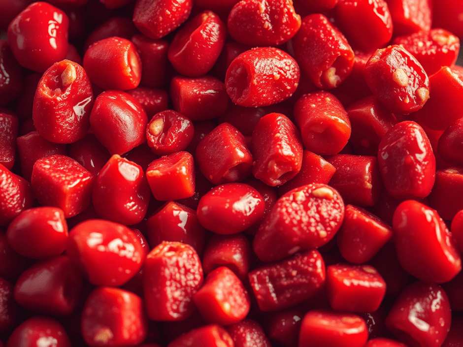 An AI generated image of some small, blood-red snacks