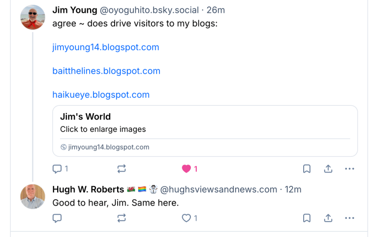 An image of a reply to a post on Bluesky confirming that Bluesky has boosted traffic and visitors to their blog.