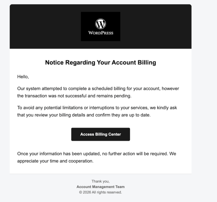 An image of a scam email that appears to be from WordPress about a problem with a WordPress account. There is a button to click to access the WordPress account's billing centre.
