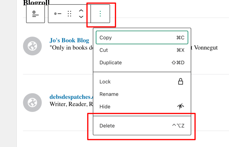 An image highlighting the kebab menu and delete button when deleting blogs from a Blogroll on WordPress.