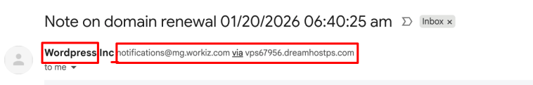 An image of the email details from a scammer pretending to be WordPress. The email address has been sent from a completely different email to that of WordPress