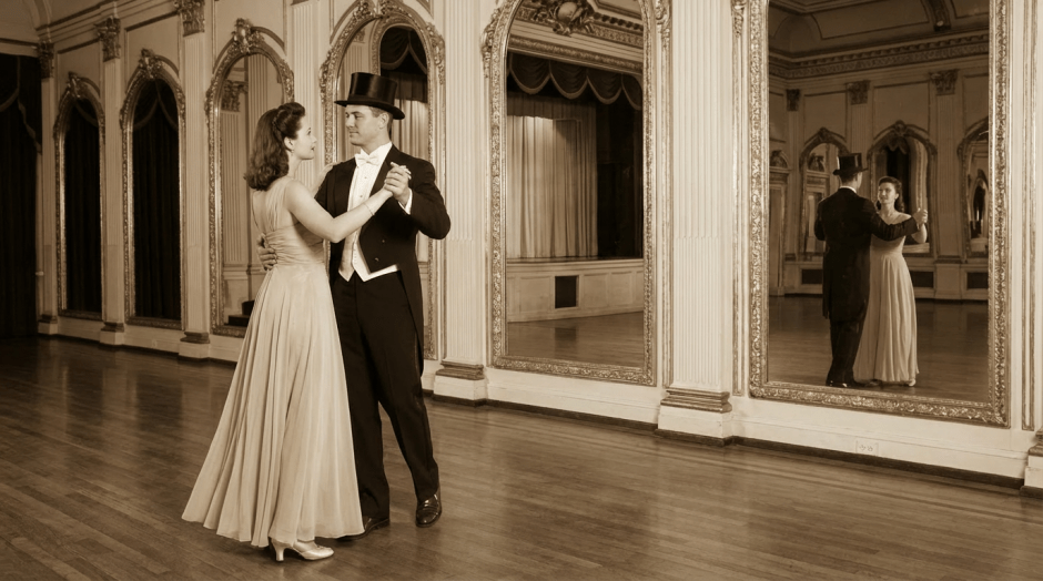 A man in a top hat and tails and a woman in a gown are dancing in a mirrored ballroom.