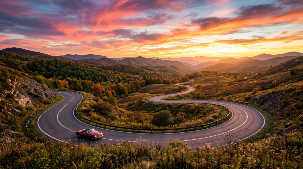 Red convertible car on a winding mountain road at sunset with colorful sky