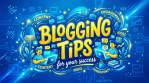Illustration with the words Blogging Tips for your success surrounded by icons and keywords like content, engagement, ideas, and consistency