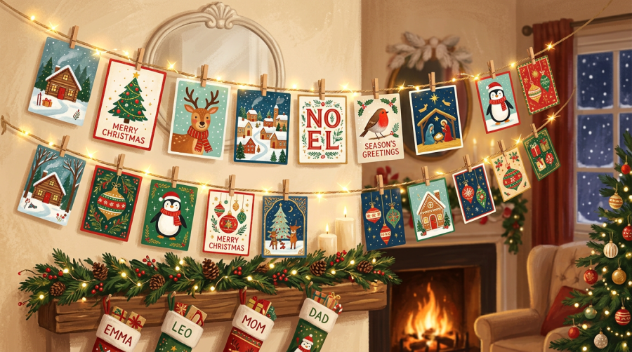 Christmas cards hanging on twine with lights above fireplace and stockings labeled Emma, Leo, Mom, Dad