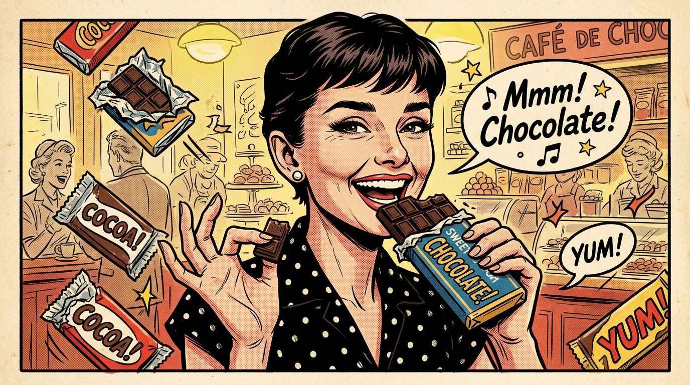 Woman eating chocolate bar and expressing delight in a vintage cafe