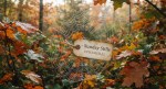 An intricate, dew-covered spider web is spun between autumn branches in a soft-focus woodland setting. Glistening water droplets coat every strand of the web, highlighting its geometric pattern against a backdrop of vibrant orange, brown, and green oak leaves. Tied to the centre of the web by a small piece of twine is a weathered, cream-coloured paper tag. The tag features the text "- Sunday Stills" printed on the top line, with the word "EPHEMERAL" written in all capital letters directly underneath it. The morning light filters through the trees, casting a warm, atmospheric glow over the entire scene.