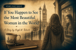 A vintage-style graphic image titled "If You Happen to See the Most Beautiful Woman in the World: A Story by Hugh W. Roberts" under a banner reading "STORY CHAT DIGEST." On the right, a long-haired woman in a coat stands with her back turned, looking into a window glass reflection showing a woman's face. The background depicts a foggy, sepia-toned London scene featuring Big Ben, the Houses of Parliament, and a double-decker bus. In the bottom-left foreground, a cup of coffee rests next to a pen and a notebook on a wooden surface, with the mug decorated with a silhouette of London landmarks.